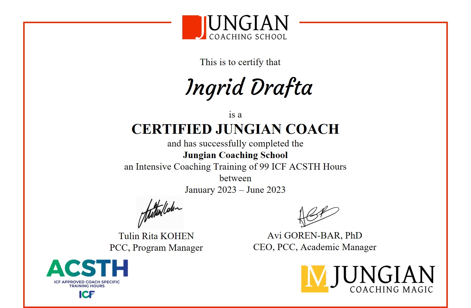 Certificate Ingrid Drafta Certificate Jungian Coach Ingrid Drafta